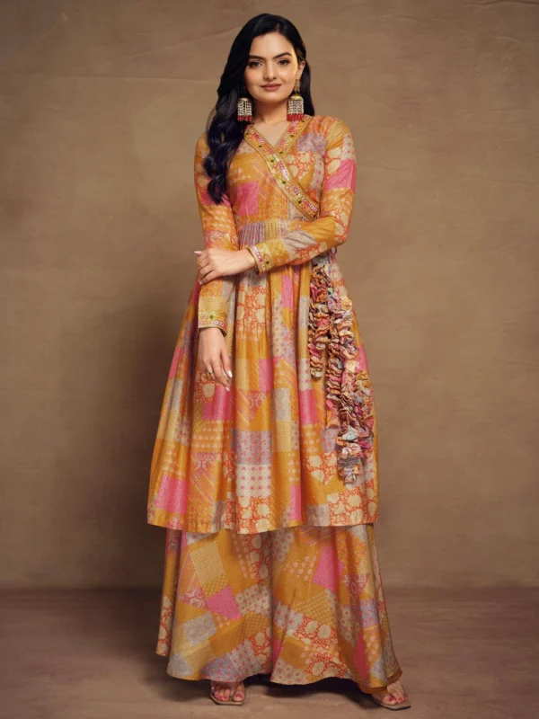 Adorable Mustard Yellow Digital Printed Muslin Silk Palazzo Suit
