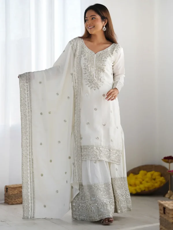 Adorable Off-White Sequins Chinon Eid Special Sharara Suit With Dupatta