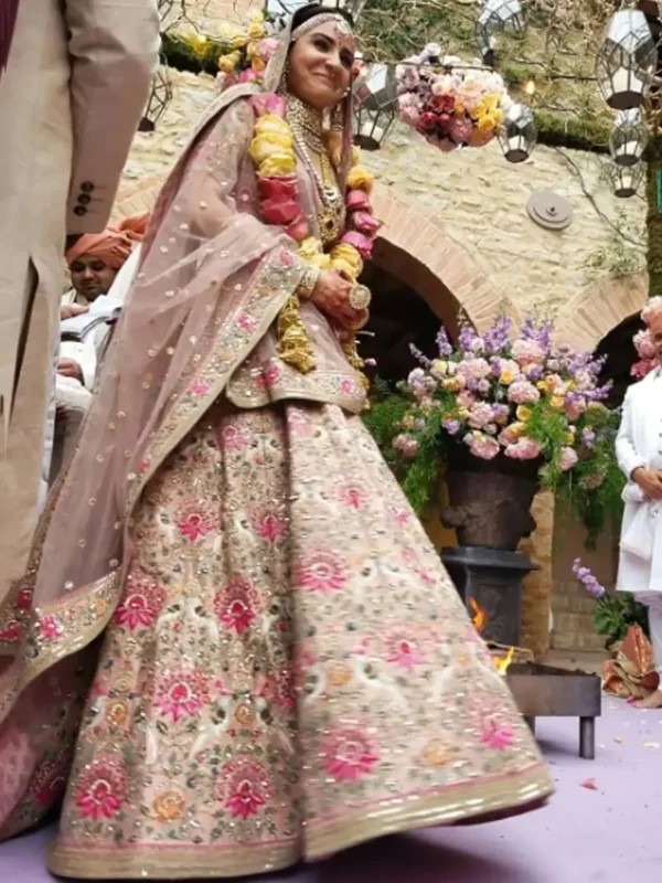 Alluring Peach Embroidered Silk Bridal Lehenga Choli With Dupatta