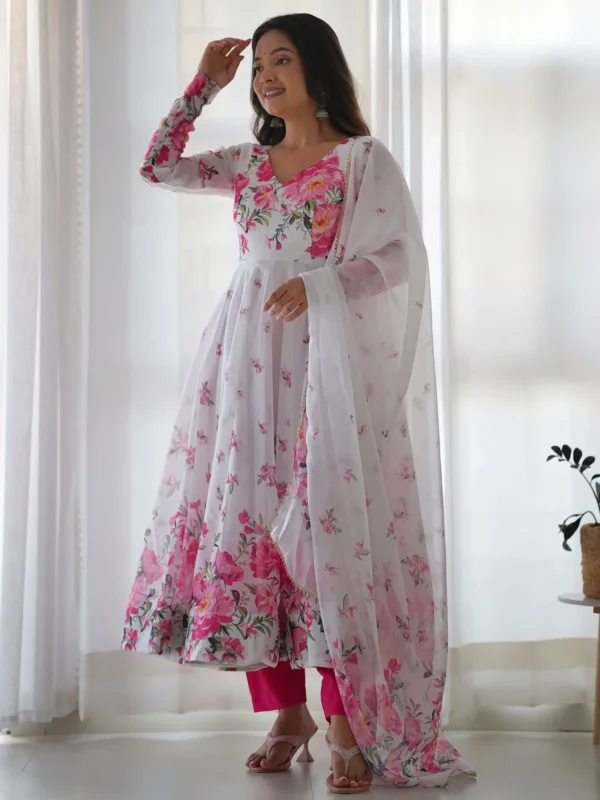 Beautiful White Floral Printed Organza Festival Wear Anarkali Suit