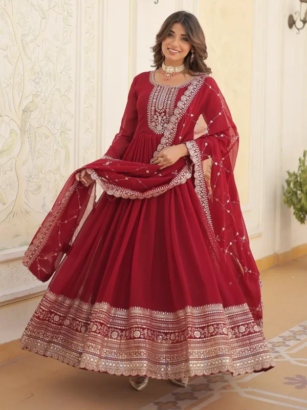 Bewitching Maroon Sequins Georgette Festival Wear Gown With Dupatta
