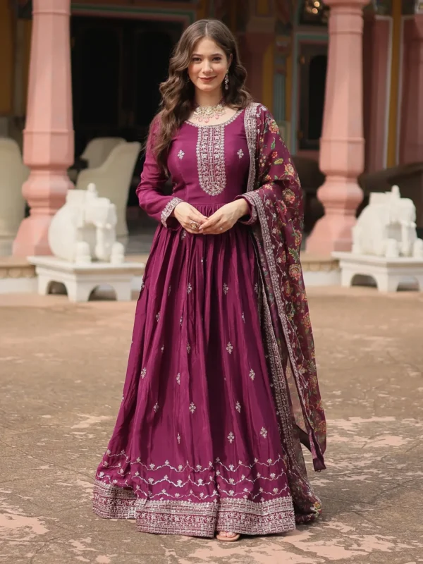 Fascinating Wine Sequins Chinon Reception Wear Gown With Dupatta