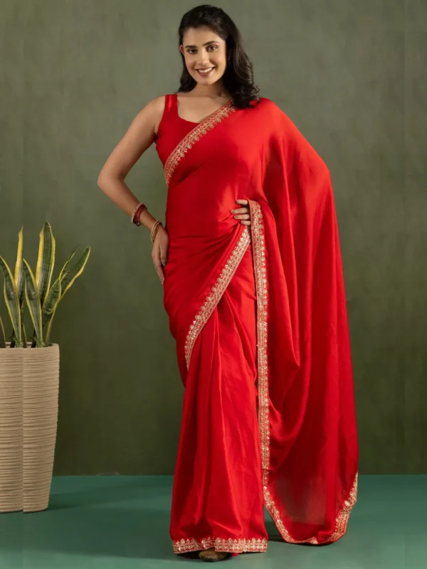 Gleaming Red Border Work Chiffon Wedding Ready To Wear Saree With Blouse