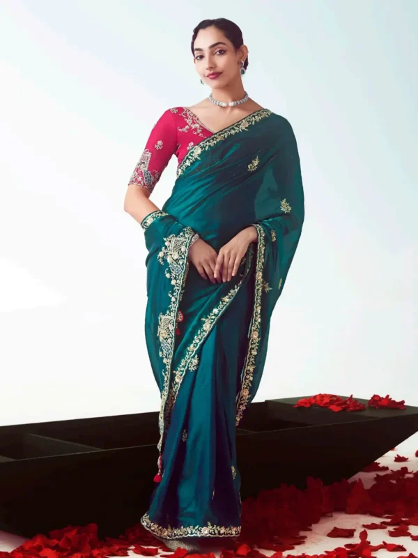 Lovely Teal Blue Heavy Embroidered Organza Designer Saree With Blouse