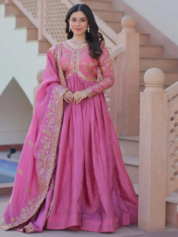 Sweet Baby Pink Sequins Organza Party Wear Gown With Dupatta